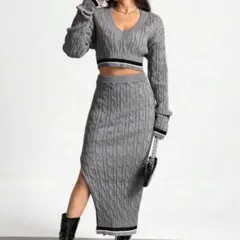 SS109 SHEIN グレー ニットセットアップ スリット ロングスカート