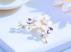 桜ブローチ 高見え パールラインストーン 入学式 卒業式 花 大ぶり 紫 上品