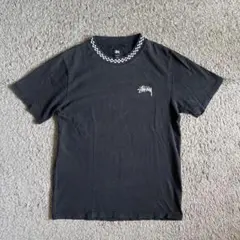 00s STUSSY 首リブチェッカー　刺繍　Tシャツ ブラック　L サイズ