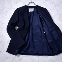 美品 バーバリー ノーカラージャケット 11 L 濃紺 ロゴボタン ウール