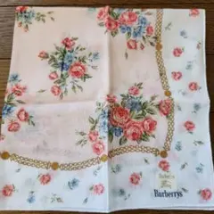 バーバリー、白枠、ピンク系、花柄大判ハンカチ