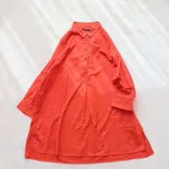 【良品】Sunny cloudsロングワンピース リネン混オレンジ 大きめサイズ