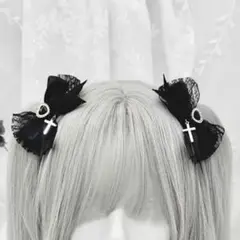 ダブルストーン♡ツイードミニリボン 地雷系 量産型 リボン ヘアクリップ 十字架