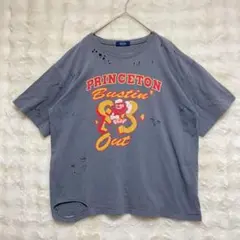 Tシャツ　グレー　英字ロゴ　バックプリント　グラフィック　ダメージ加工　ゆったり