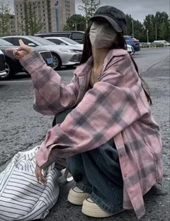 shein チェック　ブラウス　シャツ　グレー　ピンク