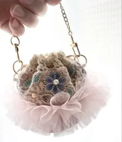 ハンドメイド バッグチャーム41インド刺繍ポーチ巾着花柄フリルカゴ