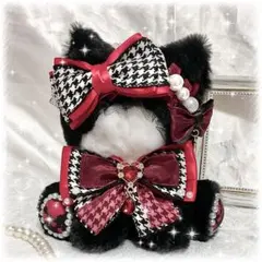 【ぬい服】おすわり　着ぐるみ　かわいい　黒　赤　千鳥　ねこ　10〜13cm