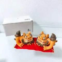開運シーサー ペア 赤座布団付き 【箱あり・全長15cm】