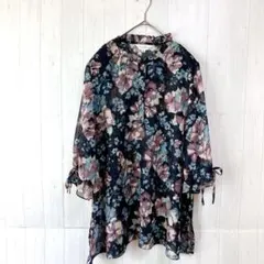 Baton rouge ７分袖シアーシャツ　ネイビー系　LL　ゆったり　フリル