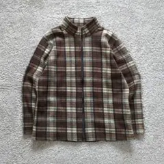 フリース ジャケット チェック柄 フルジップ ブラウン 茶 L
