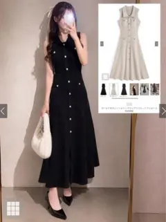 GRLゴールドボタンノースリーブフレアリブニットワンピース