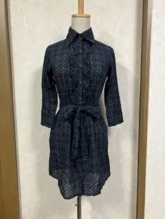 ♢dazzlinチェックドット柄フリルデザインシャツ襟ワンピース