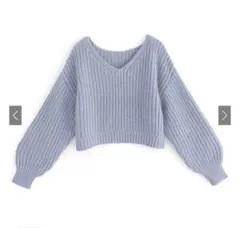 Vネック チャンキーニット トップス ブルー　GRL
