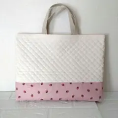 ハンドメイド　レッスンバッグ　いちご　生成×くすみピンク　入園入学