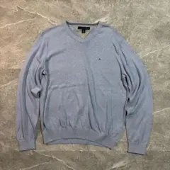 h*6様 トミーヒルフィガー コットンニット Vネックセーター浅めM ライトブル