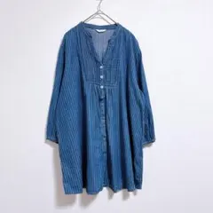 シャツ　ブラウス　チュニック　七分袖　ストライプ　LL　ゆったり　綿　紺