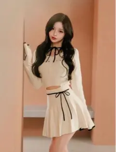 Darich ウエストオープンリボンデザインニットミニワンピース