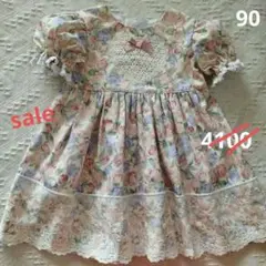 ハンドメイド ⭐花柄チューリップ ⭐ハート 刺繍レース　⭐ワンピース 90サイズ