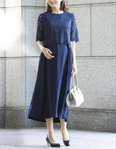 レース×フレアロングドレス 産前産後兼用　マタニティ 授乳服　フォーマル
