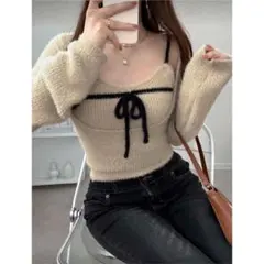 SHEIN FRIFUL ベージュ リボン付きニット トップス セットアップ