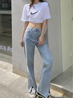 ライトブルーデニムフレアパンツ Mサイズ cu300