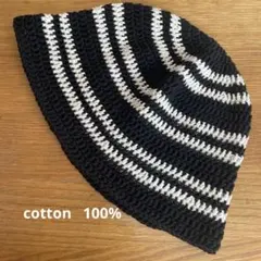 クロシェハット　クラッシャーハット　ビーニー　ハンドメイド　ブラック白　男女兼用