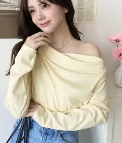 モーメント オフショルドレープ長袖プルオーバー イエロー Lサイズ