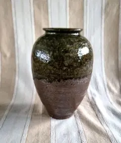 【花瓶】陶器製花瓶 緑と茶色のグラデーション 約23cm★