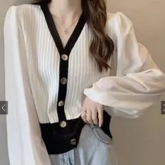 GRL シフォンスリーブ配色ニットトップス at1721