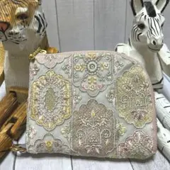るな様専用 蓋付長財布 インド刺繍六角柄ゴールドオレンジ系と合皮