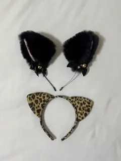 黒猫耳カチューシャとヒョウ柄カチューシャセット
