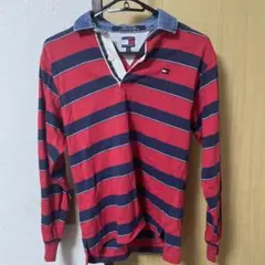TOMMY HILFIGER 赤紺ストライプ 長袖ポロシャツ M