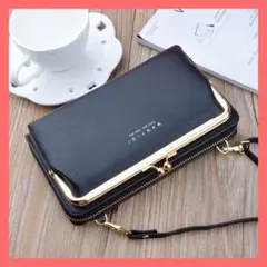 ショルダー がま口 財布 スマホ入れ 韓国 黒 ブラック 大容量 クラッチ