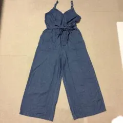 デニムブルー オールインワン ウエストリボン付き