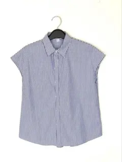 GU ビジューボタンブラウス ブルー 青と白のストライプ 半袖シャツ Sサイズ