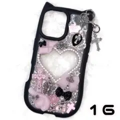 iPhone16デコケースデコ電量産型地雷サブカル姫ギャル埋めつくし黒ピンクラメ