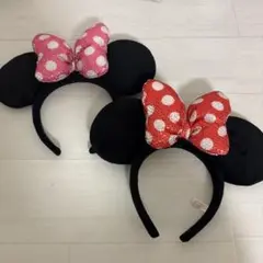 ディズニー　カチューシャ　ミニー　スパンコール　赤、ピンク