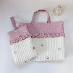 ダンガリー　小花　刺繍生地　ヌビ　キルト　キルティング　レッスンバッグ　上履き袋