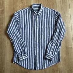 GU メンズ　リネンシャツ　M リネン　シャツ　麻　ブルー　ホワイト　ストライプ