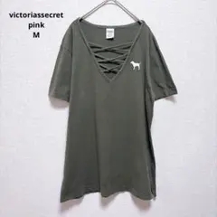 ヴィクトリアシークレットピンク Ｔシャツ Ｖネック M 深緑 綿 レースアップのサムネイル
