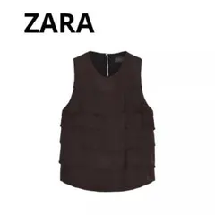 ZARA フリルサテントップス　新品　チョコレートブラウン　L