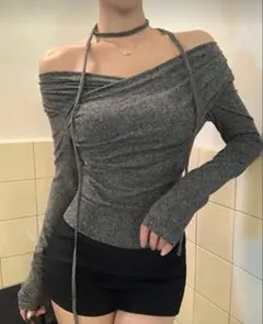 オフショルダー グレー 長袖 トップス S/M