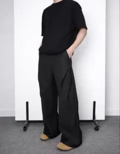 変形ワイドパンツ フレアスラックス 変形スラックス ブラック