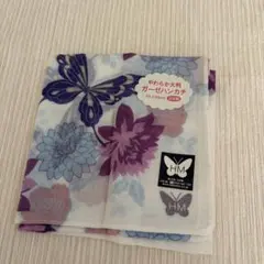ハナエモリ 大判ガーゼハンカチ パープル 蝶柄 花柄 シール付き