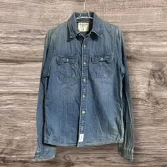 アバクロ デニムシャツ M ストライプ 厚手 ダメージ加工 インディゴ 完売品