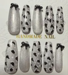 ハンドメイド ネイルチップ ヒョウ柄 リボン