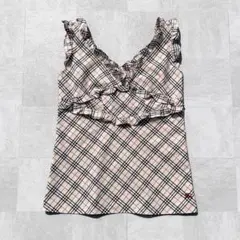 未使用級 BURBERRY チェック柄 刺繍 フリル タンクトップ ノースリーブ