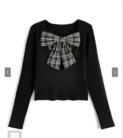 チェック柄リボンドッキングリブニットトップス gn548
