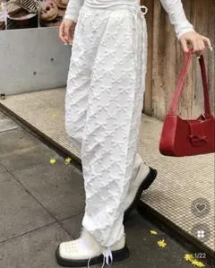 nugu haku リボンエンボスゴムパンツ ホワイト