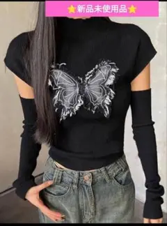 【Y2K】蝶刺繍 リブ編みタートルネック ノースリーブ 黒 プレッピー 地雷系